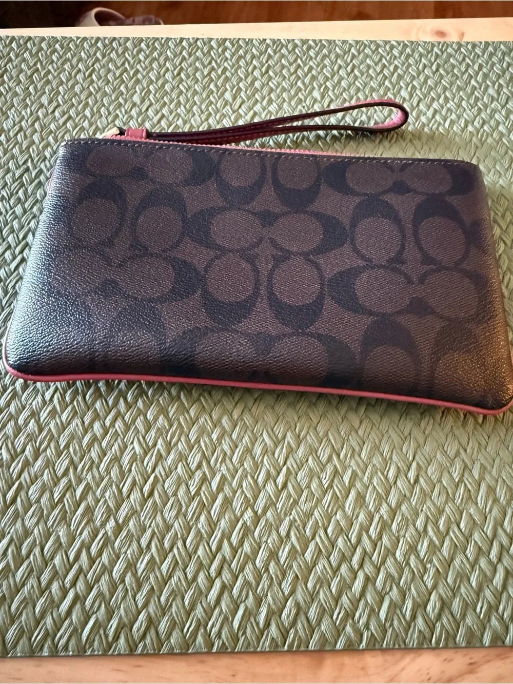 Coach Brown Signature Wristlet with Pink Trim and Gold Logo